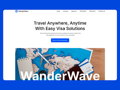 WanderWave: Website Seamless Visa Solutions blue and white theme clean ui engaging visuals expert guidance global travel solutions hassle free travel intuitive layout minimalistic design modern website professional design responsive interface seamless navigation service oriented platform travel agency website travel branding travel services user friendly design visa assistance web design web site