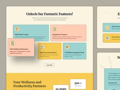 Wellnesty - Health & Well-being Website Features Section ai card cartoony colorful employee feature fitness fun health meditation mental health productivity self care ui ux website well being wellness