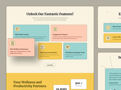 Wellnesty - Health & Well-being Website Features Section ai card cartoony colorful employee feature fitness fun health meditation mental health productivity self care ui ux website well being wellness