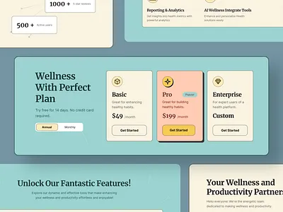 Wellnesty - Health & Well-being Website Pricing Plan Variant ai cartoony colorful employee fitness fun health meditation mental health pricing productivity self care ui ux website well being wellness