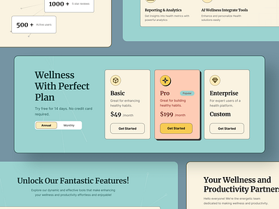 Wellnesty - Health & Well-being Website Pricing Plan Variant ai cartoony colorful employee fitness fun health meditation mental health pricing productivity self care ui ux website well being wellness