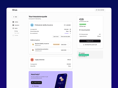 Orus • Insurance quote page app branding design design system flat lean product design quote ui ux