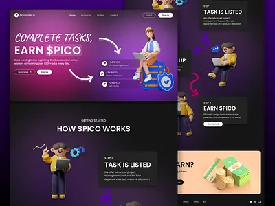 Picoworker Crypto Token NFT Web3 DeFi Blockchain Landing Page 3d branding crypto currency defi design earn graphic design illustration landing money nft redesign typography ui ux visual identity web design web3 website