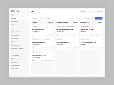 Roofing Management Dashboard dashboard job kanban view management roof roofing ui ux