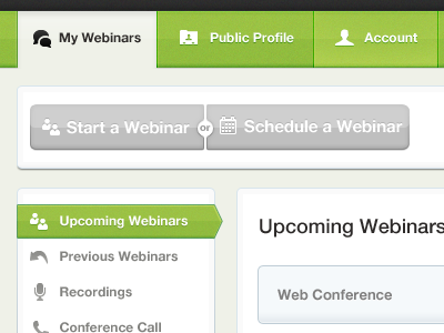 Webinars - Account Manager conference design green menu sidebar ui user webinar