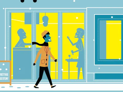 Holiday Card 2 bar café card christmas commission contest happy holidays illustration loge man snow street