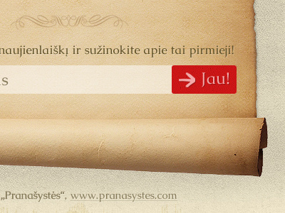 "Pranašystės" (prophecy) landing page fragment #2 ancient antique antiquity arrow bibble button form input medieval paper papyrus prophecy red religion texture web design