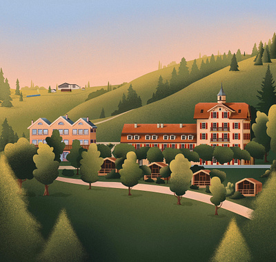 Swiss Hotel Postcard art building cabins design forest graphic design hotel illustration illustrator landscape mountains outdoor postcard poster procreate real estate rent retro switzerland vacation