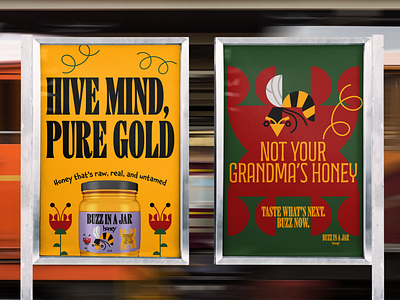 POSTER ADS AND BRAND IDENTITY FOR BUZZ IN A JAR HONEY brand identity brand identity design branding design food graphic design honey illustration logo logo design poster poster ads poster design posters