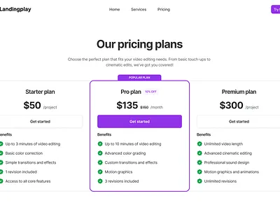 Video Service Pricing Section branding design interface landing page minimalist pricing ui ui design uiux ux web web design