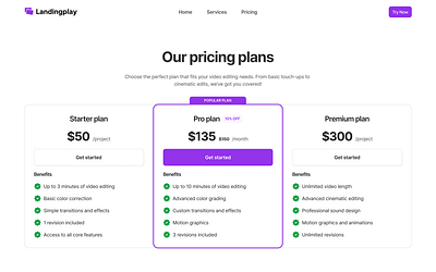 Video Service Pricing Section branding design interface landing page minimalist pricing ui ui design uiux ux web web design