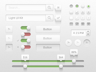 Light UI Kit (PSD) button clean clock cross design detail element free freebie gui kit light photoshop price professional psd radio range resource shadow simple slider switch switches tick tooltip ui ux vector web