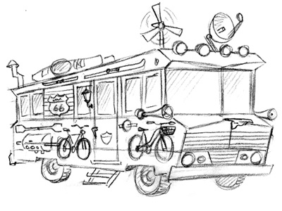 On the Road bicycle camper illustration pencil road trip rv sketch