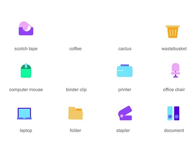 Office 2d Icons Set Animation 2d animation binder clip cactus coffee computer mouse document flat folder illustration laptop motion office chair printer scotch tape stapler wastebasket