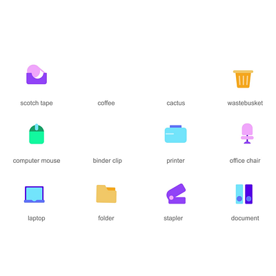 Office 2d Icons Set Animation 2d animation binder clip cactus coffee computer mouse document flat folder illustration laptop motion office chair printer scotch tape stapler wastebasket