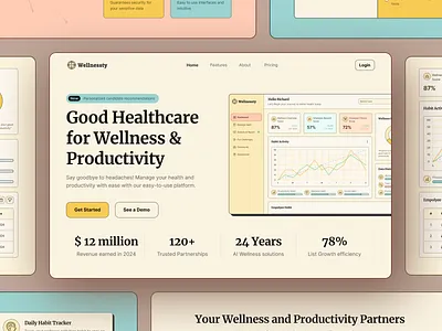 Wellnesty - Health & Well-being Website Homepage Section ai cartoony chart colorful employee fitness fun graph health homepage meditation mental health productivity self care statistics ui ux website well being wellness