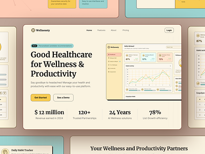 Wellnesty - Health & Well-being Website Homepage Section ai cartoony chart colorful employee fitness fun graph health homepage meditation mental health productivity self care statistics ui ux website well being wellness