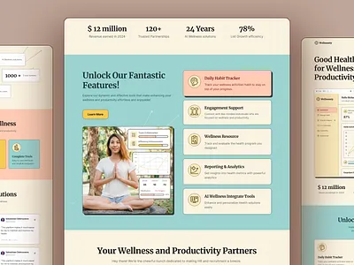 Wellnesty - Health & Well-being Website Features List ai card cartoony colorful employee feature list fitness fun health meditation mental health productivity self care ui ux website well being wellness