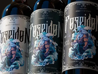 Poseidon sea wine label design 🍷 bottle branding drink god illustration label man muscle ocean packaging design poseidon red wine sea sea wine strong wine