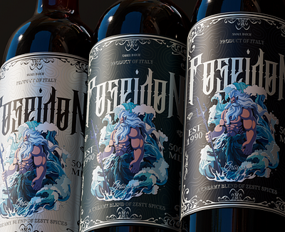 Poseidon sea wine label design 🍷 bottle branding drink god illustration label man muscle ocean packaging design poseidon red wine sea sea wine strong wine