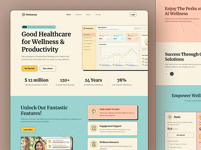 Wellnesty - Health & Well-being Website Homepage Variant Design ai cartoony colorful employee fitness fun health hero home hompage meditation mental health productivity self care ui ux website well being wellness