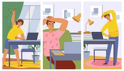 Streching Exercise 2D Animation 2d animation breaks employee exercise exercises flat health illustration motion office office routine productivity remote work stretching stretching routine wellness workday workplace