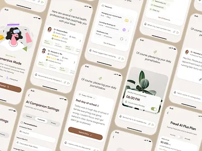 freud v2: AI Mental Health Companion App - Assistant Reply UI ai mental health app ai mental health companion ai therapy app brown clean figma ui kit mental health app mental health assistant mental health chatbot mental health companion mental health companion app mental health ui kit mindful assistant app mindful chatbot mindfulness app minimal mobile app modern mood tracker app self care app