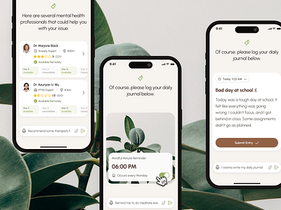 freud v2: AI Mental Health Companion App - Mindful Prompts UIUX ai mental health app ai reminder ai therapy app automatic reminder ui clean figma ui kit green health automation ui mental health app mental health chatbot mental health companion mental health ui kit mindful assistant app mindful chatbot mindfulness app minimal mobile app modern mood tracker app self care app