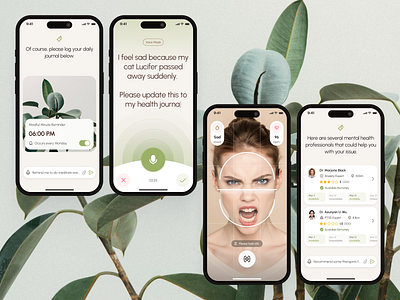 freud v2: AI Mental Health Companion - AI Voice Assistant UI ai mental health app ai therapy app clean figma ui kit green journaling app mental health app mental health assistant mental health chatbot mental health companion mental health ui kit mindful assistant app mindfulness app minimal mobile app modern mood app mood tracker app self care app voice assistant
