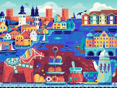 Sweden Travel Scene card city concept culture fika flat design food historic illustration poster sweden swedish symbols tourism town traditional travel visby welcome