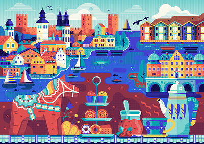 Sweden Travel Scene card city concept culture fika flat design food historic illustration poster sweden swedish symbols tourism town traditional travel visby welcome