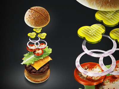 Burger breakdown illustration bread breakdown burger chedar cheese food illustration meat onion pickles tomato