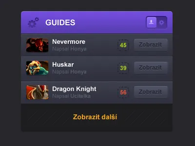 Dota 2 Guides button dota guide heroes icon list purple switch ui web