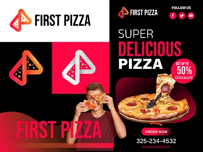 First Pizza Open Shop Logo and Social Media Post Design american food brand identity branding burger chinese food drink first food food food logo hamburger logo design menu pizza restaurant restaurant logo restaurant menu social media post