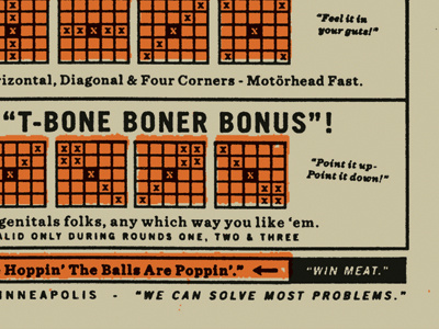 Bingo No.01 alcoholism beer boners cheat to win corner bar fleet farm free grumpys meat motorhead screenprinting t bone steaks texture