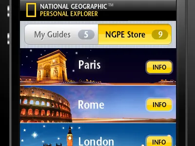 National Geographic Personal Explorer app application digital gps inkod iphone list london mobile national geographic paris personal explorer poi rome toggle button yellow button