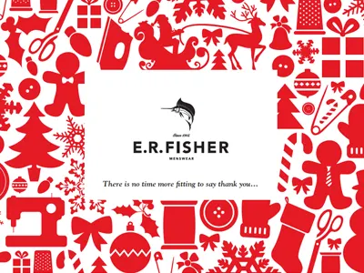 E.R. Fisher Menswear 2011 Christmas Card button card christmas christmas card e.r. fisher fashion gift gingerbread greeting holly illustration iron light man menswear mitten ornament present safety pin santa scissors sleigh snow snowflake stocking thimble tree vector winter xmas