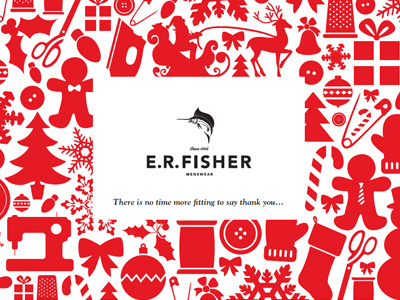 E.R. Fisher Menswear 2011 Christmas Card button card christmas christmas card e.r. fisher fashion gift gingerbread greeting holly illustration iron light man menswear mitten ornament present safety pin santa scissors sleigh snow snowflake stocking thimble tree vector winter xmas