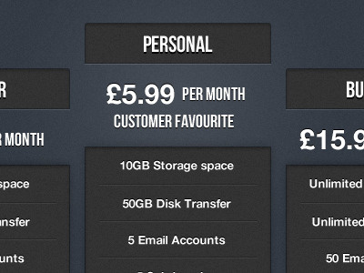 Pricing Table clean dark drop shadow hosting professional sublte table