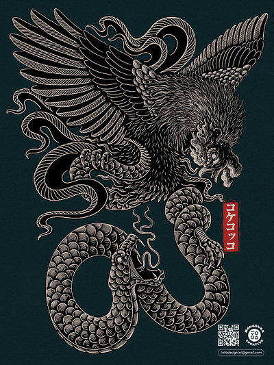 Rooster vs Serpent aggresive animal animal illustration apparel asia brave china courage detailed digitalart fight japan linocut print rooster snake tattoo traditional