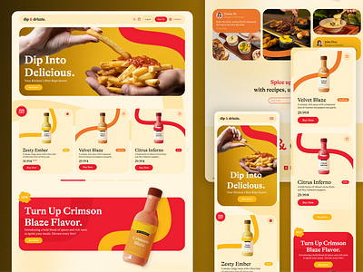 DIP & DRIZZLE: Sauce. Scroll. Savor. - Landing Page branding cards design desktop flavor graphic design landing page mobile newsletter product cards red sauces sauces webdesign typography ui ui ux ux web design website yellow