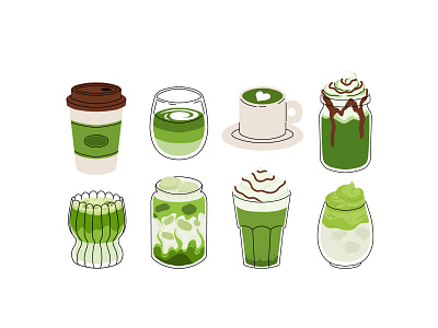 Matcha drinks set 1 beverage cartoon chinese concept cream cup dalgona design drink flat green ice illustration japan latte matcha vector