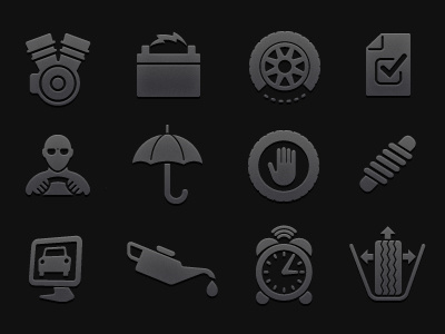 Wheel Works Icons automotive battery clock dark driver engine icon metal oil set symbol tire umbrella wheel