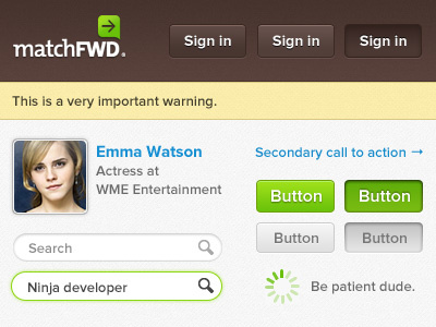 MatchFWD UI Sample avatar brown button emma watson form gray green important light load loader loading login matchfwd search signin ui warning