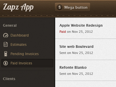 Zapz App app button cardboard feature interface invoice leather paper signup stitch stitches texture tour ui web