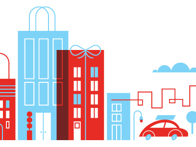 City Shopping buildings car city gifts illustration retro shopping