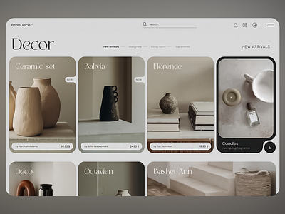 BranDeco Branding Website brand brand identity branding candles ceramic vases design e commerce website graphic design icon layout design living room logo logo design modern design online store product photography search bar shopping cart typography website design