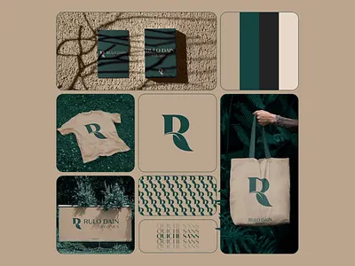 Rulo Dain Branding abstract logo beige color billboard brand brand identity brand presentation branding color palette dark green design eco friendly brand font graphic design logo logo design natural branding organic pattern t shirt visual identity