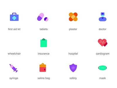 Medical 2d Icons Set Animation 2d animation cardiogram doctor first aid kit flat hospital icons illustration insurance mask medical motion plaster safety saline bag syringe tablets wheelchair