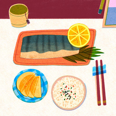 A Perfect Meal with Grilled Mackerel art artwork chopstick design fish food greentea illust illustration ipad lemon mackerel meal photoshop plate rice tea teabag tweetyheather water